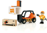 BRIO forklift toy set with poseable figure, designed for imaginative play and developing motor skills in children.