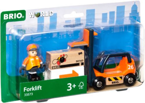 Alt text: Colorful BRIO toy forklift set with poseable worker, designed for imaginative play and fine motor skill development.