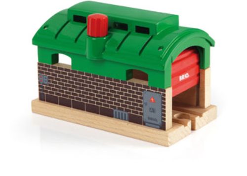 BRIO Destination - Train Garage, a wooden train hub with a rotating knob, serving as a garage and tunnel for imaginative play.