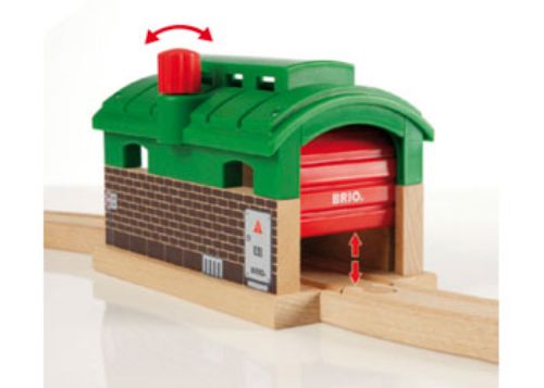 BRIO Destination - Train Garage: a wooden train hub with a rotating knob, serving as a storage and tunnel for imaginative play.