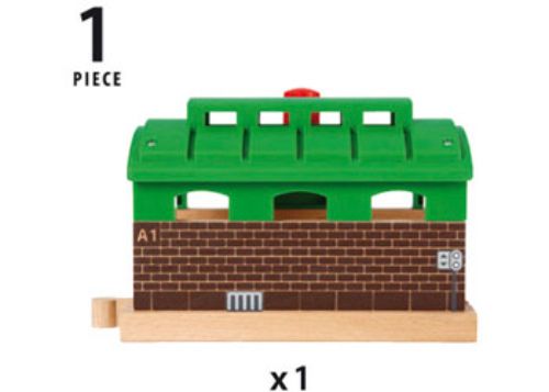 BRIO Destination Train Garage: Wooden garage for BRIO trains with rotating door, doubles as a tunnel for imaginative play.