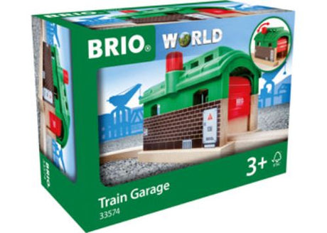 BRIO Destination Train Garage with rotating knob, perfect for storing and maintaining toy trains, doubles as a fun tunnel.