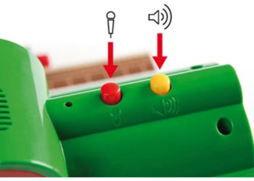 Interactive BRIO railway station set with record/play buttons, pre-recorded sounds, light, sign, and poseable figure.