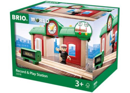 Interactive BRIO Record & Play Station set for kids, featuring recording buttons, engine sounds, and a poseable figure.