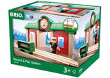 Interactive BRIO Record & Play Station set for kids, featuring recording buttons, engine sounds, and a poseable figure.