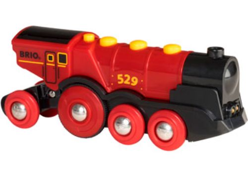 Bright red battery-operated locomotive with lights, sounds, and free wheel movement for imaginative play and learning.