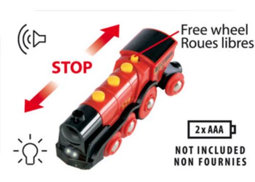 Bright red battery-operated locomotive with lights, sounds, and manual controls for endless imaginative play.