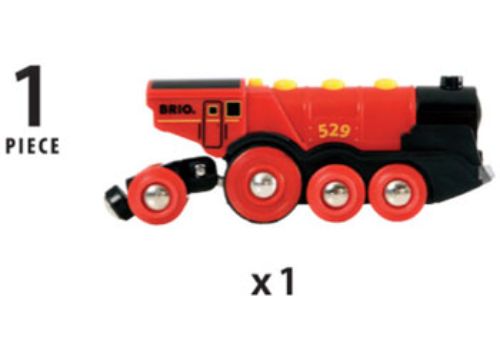 Vibrant red battery-operated locomotive with lights, sounds, and manual controls for imaginative play. Ideal for children 3+.