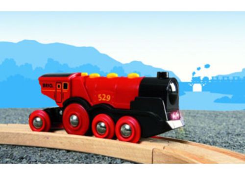 Bright red BRIO BO locomotive with lights, sounds, and manual controls for imaginative play and role-playing adventures.