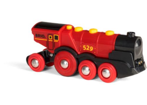 Bright red battery-operated locomotive with lights, buttons for movement, and 'choo-choo' sounds for imaginative play.