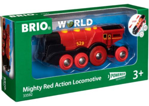 Bright red battery-operated locomotive with lights and sounds for imaginative play, compatible with BRIO train sets.