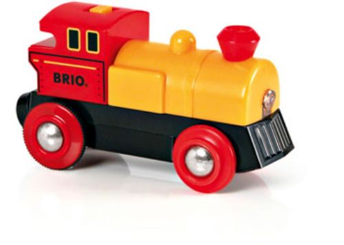 Bright red BRIO BO Two-Way Battery Powered Engine with forward/reverse functions and headlights, perfect for young train conductors.