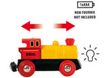 Bright red BRIO BO battery-powered train engine with forward/reverse functions and headlights, perfect for young conductors.