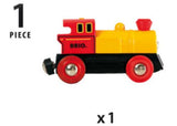 Red BRIO BO two-way battery-powered train engine with headlights, designed for interactive and imaginative play for kids.