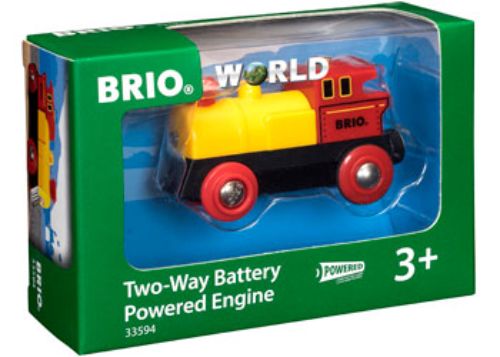 Bright red BRIO BO battery-powered engine with headlights, featuring forward and reverse motion, ideal for young train enthusiasts.