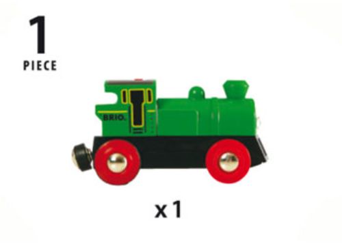 Bright green BRIO BO battery powered engine with headlights, forward and reverse functions for imaginative railway play.