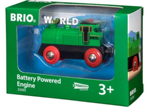 Bright green BRIO BO battery-powered engine with headlights, forward/reverse functions, ideal for creative railway play.