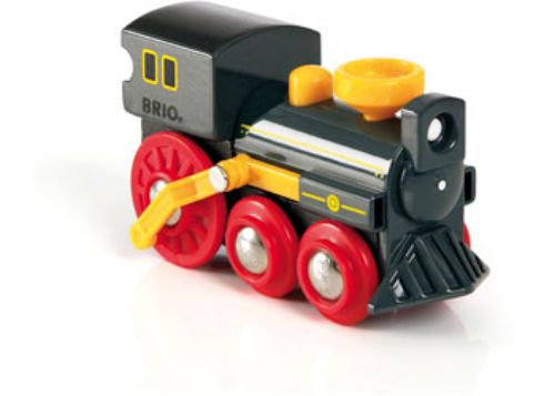 Colorful wooden BRIO Old Steam Engine toy with moving pistons, ideal for imaginative play and fine motor skill development.