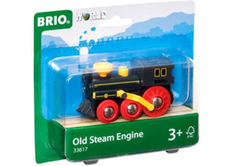 Wooden BRIO Old Steam Engine toy with colorful design and moving pistons for imaginative play and motor skill development.