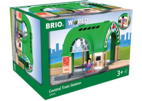 Colorful wooden BRIO Central Train Station with double tracks, ticket machine sounds, and space for imaginative play.