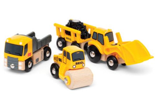 Colorful BRIO construction vehicles set, featuring a dump truck, excavator, crane, cement mixer, and flatbed truck, designed for imaginative play.