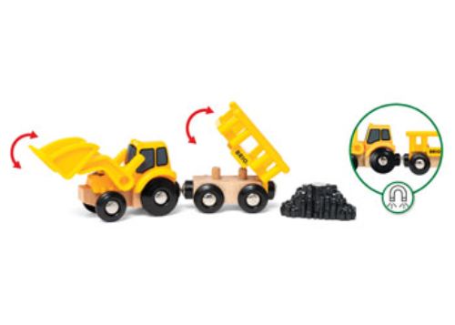 Colorful set of 5 BRIO construction vehicles, including a dump truck, crane, and excavator, designed for imaginative play.