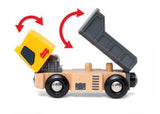 Colorful wooden construction vehicles set featuring a dump truck, excavator, crane, cement mixer, and flatbed truck for kids.