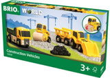 Five colorful BRIO construction vehicles including a dump truck, excavator, and crane, perfect for imaginative play.