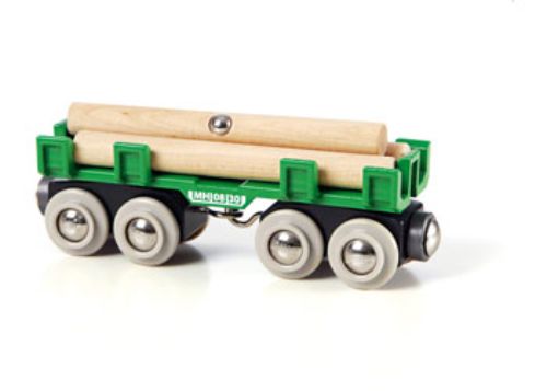 BRIO Lumber Loading Wagon set with 4 pieces, featuring durable design and eight wheels for smooth railway adventures.