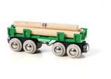 BRIO Lumber Loading Wagon set with 4 pieces, featuring durable design and eight wheels for smooth railway adventures.