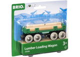 BRIO Lumber Loading Wagon set with 4 pieces for imaginative railway play, featuring secure lumber transport and robust eight-wheel design.