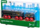 BRIO Speedy Bullet Train set with sleek design for imaginative play on wooden tracks, perfect for young train enthusiasts.