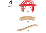 Curved wooden bridge set for BRIO train tracks, enhancing imaginative play with four connectable pieces.