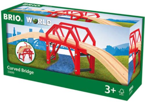 Curved wooden bridge set with 4 pieces, enhancing BRIO train layouts and promoting imaginative play for children.