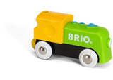 Bright battery-operated train toy for toddlers, featuring easy button control and magnetic connections for creative play.