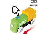 Bright red battery-operated train toy with push-button for movement, designed for toddlers to inspire imaginative railway adventures.