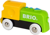 BRIO My First Railway Battery Engine for toddlers; battery-operated train with easy push-button control and magnetic connections.