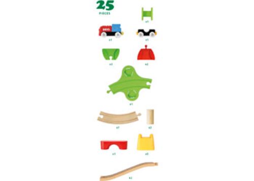 Colorful 25-piece wooden train set for toddlers, featuring easy-to-connect tracks, train cars, and accessories for imaginative play.