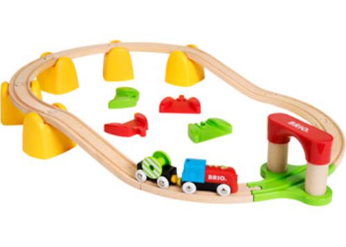 Colorful BRIO My First BO Railway Train Set with 25 pieces, perfect for toddlers to explore imaginative train adventures.