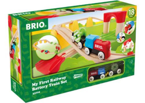 Colorful wooden railway train set with 25 pieces for toddlers, encouraging imaginative play and skill development.