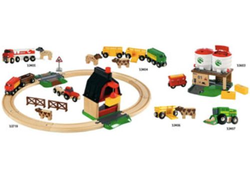 Alt text: BRIO Farm Railway Set featuring wooden train, vibrant cows, horses, tractor, and crane for imaginative play and learning.