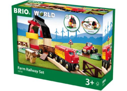 BRIO Farm Railway Set features 20 pieces including vibrant animals, a farm engine, and vehicles for imaginative play.