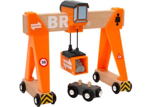 4-piece BRIO Gantry Crane toy with a sliding cabin, crank lift, and eco-friendly wood, perfect for imaginative play.