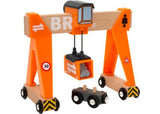 4-piece BRIO Gantry Crane toy with a sliding cabin, crank lift, and eco-friendly wood, perfect for imaginative play.