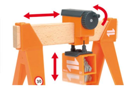 Wooden BRIO Gantry Crane set with sliding cabin, crank lift, and wheels for imaginative railway play and skill development.