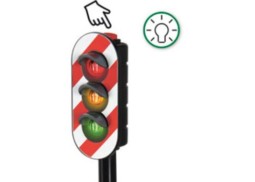 Interactive BRIO Tracks Light Signal features red, yellow, and green lights to teach traffic safety in imaginative train play.