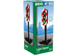 Interactive BRIO Tracks Light Signal with push-button lights for stop, wait, and go, enhancing play and teaching traffic safety.