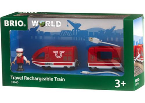 Colorful BRIO rechargeable train set with four pieces, mini-USB charging, eco-friendly design for creative play.