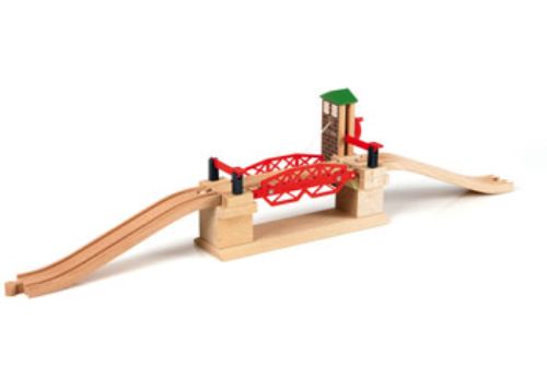 BRIO Lifting Bridge with crank, wooden structure, two ascending tracks, perfect for toy train sets and imaginative play.