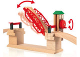 Wooden BRIO Bridge with crank lift, two ascending tracks, and stop barriers for interactive train and boat play.